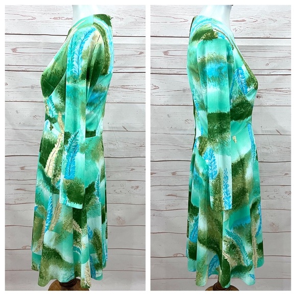 Rare Vintage Mid Century Impressionist Feather Forest Tree Long Sleeve Dress - Picture 3 of 10